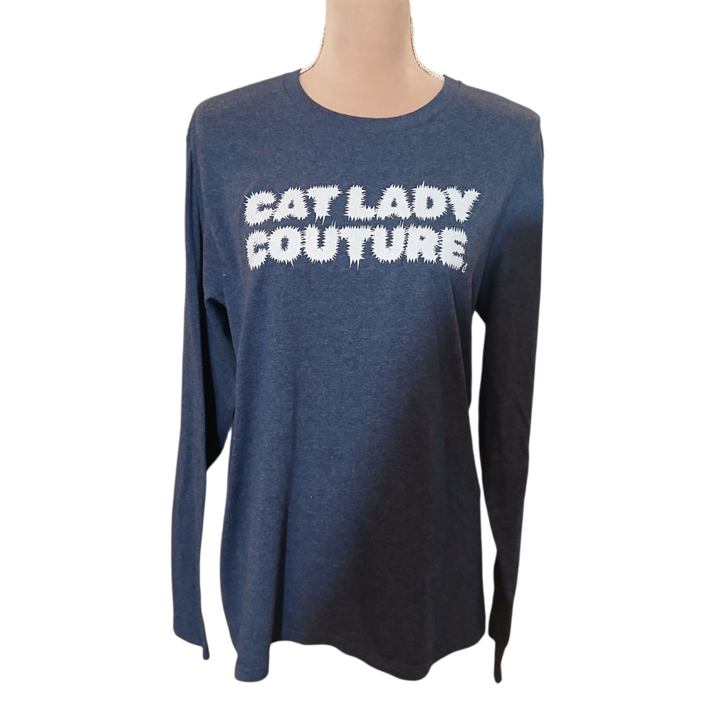 Cat Lady Couture Long Sleeve T Shirt Blue Graphic Print Women's Size Medium